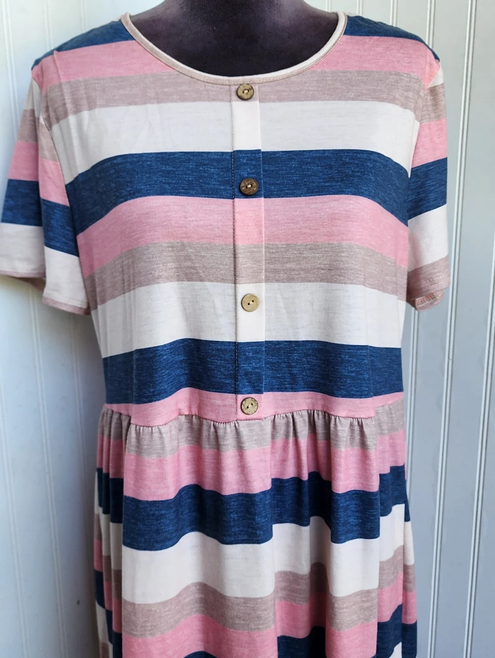 Emery Rose Curve 2XL Pink Blue Beige Knit Stretch Short SLEEVE DRESs Button - Picture 6 of 16